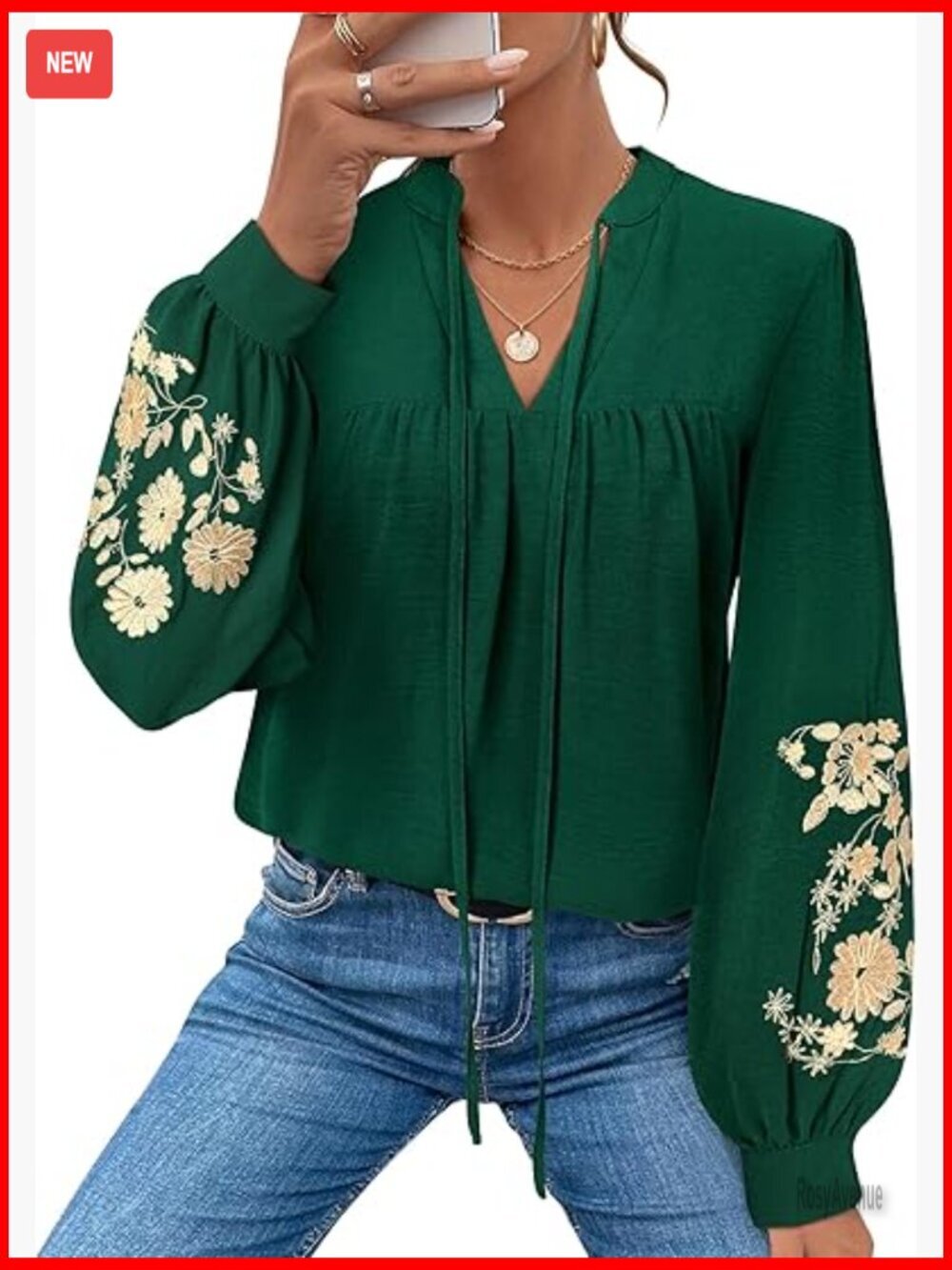 Boho Peplum Blouse Embroidered Puff Sleeve Tie Front V Neck